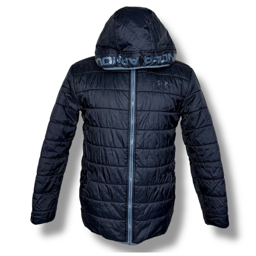 Under Armour Boy's Jacket Black Coldgear Puffer Hooded Full Zipper‎ YXL Loose